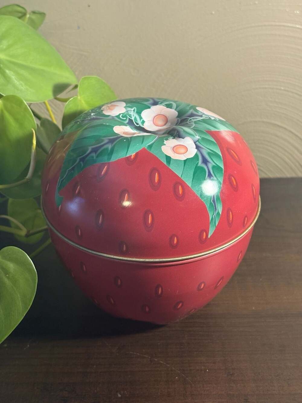 Vintage Strawberry Shaped Lithographed Metal Trinket Storage Tin